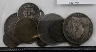 Twelve mixed English silver and bronze coins, Charles II to George V