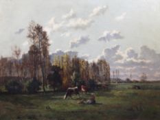 Andrea Cortes y Sevillaoil on canvas,Landscape with woman, dog and cattle,signed,26 x 36in.