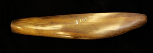 A laminated mahogany propeller blade, applied with the initials RFC, possibly for Royal Flying