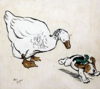 Cecil Aldin (1870-1933)watercolour, black ink and crayon,Goose scaring a puppy,signed,9.5 x 10.5in.