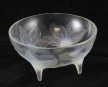 A Rene Lalique `Lys` pattern opalescent and clear glass circular bowl, no. 382, moulded with four