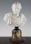 A Sevres style biscuit porcelain bust, late 19th century, the male sitter dressed as an Emperor,