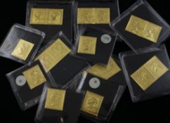A collection of eleven Swiss 24ct gold replica stamps, Mauritius and Victoria.