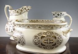 Three Wedgwood Aesthetic period pottery washstand items, late 19th century, comprising a footbath