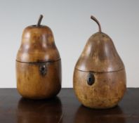 A GEORGE III TURNED FRUITWOOD CADDY, CIRCA 1800 in the form of a pear with later stalk, 18cm,