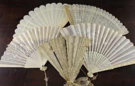 Five Chinese export ivory fans, late 18th/19th century, two fans with embroidered silk leaves