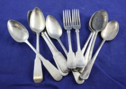 A set of six George III Scottish silver fiddle pattern table spoons, with engraved monogram, Francis