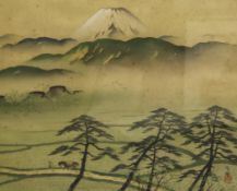 Three unframed Chinese landscape paintings, 19th-20th century, the first depicting a woman with a