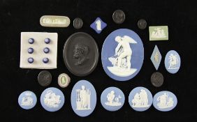 A collection of Wedgwood & Bentley & Wedgwood basalt and jasperware medallions, silver patch box,