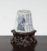 A Chinese blue and white hexagonal incense stick holder, late Ming dynasty, painted with two