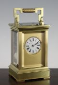 An early 20th century brass hour repeating petit sonnerie carriage clock, by Pons of Paris, 6.75in.