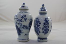Two Chinese blue and white vases and covers, Kangxi period, the first of baluster form painted