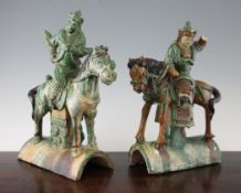 Two Chinese Sancai glazed pottery ridge tiles, probably Ming Dynasty, each in the form of a figure