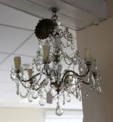 A brass and cut glass lustre drop chandelier, with six branches, 22in.