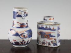 A Chinese Imari tea caddy and cover, and a similar jug, 18th century, each painted with river