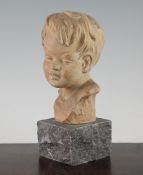 Auguste Henn Carli. A terracotta bust of a young boy, on a square grey stone base, impressed marks