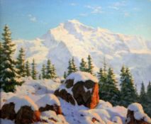 Boris Bessonof (Russian 1862-1934)oil on canvas,View of the Jungfrau,signed, Frost & Reed label