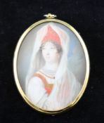 19th century Continental Schooloil on ivory,Portrait of a young woman wearing a bridal outfit,2.25 x