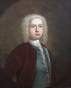 Early 18th century English Schooloil on canvas,Portrait of a gentleman wearing a brown coat and blue