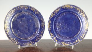A set of sixteen gilt-decorated powder blue plates, Kangxi period, each decorated with a figure of a