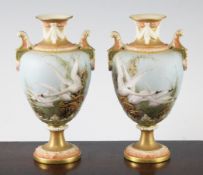 A pair of Royal Worcester twin handled vases, painted by Charley Baldwyn, date code for 1900,