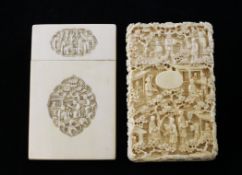 Two Chinese export ivory card cases, 19th century, the first carved in high relief with figures amid