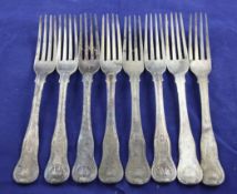 A set of eight George III silver hourglass pattern table forks, with engraved initial, Eley & Fearn,