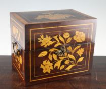 A 19th century Dutch floral marquetry inlaid mahogany and satinwood banded decanter box, with