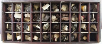 A 19th century geological specimen box, with sliding lid and forty square compartments containing