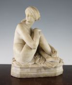 A 19th century carved alabaster figure, of a seated classical maiden, on rectangular base with