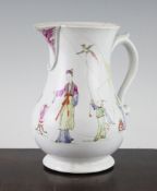 A Worcester baluster cider jug, c.1754, painted with Chinese figures and objects including a boy