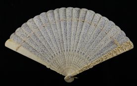 A Chinese export ivory brise fan, 19th century, the sticks carved and pierced with figures amid