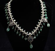 An Indian diamond, emerald and freshwater pearl set fringe necklace, 14.25in.