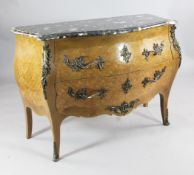 A Louis XV style marble top bombe shape parquetry commode, fitted two drawers, with rococo gilt
