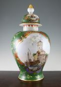 A large Potschappel baluster vase and cover, late 19th century, painted in Meissen style with