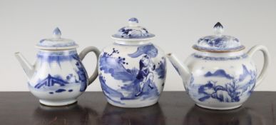 Two Chinese blue and white teapots and covers, and a similar jar and cover, 18th / 19th century, the