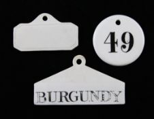 Three Wedgwood Queen`s ware wine bin labels, late 18th/19th century, comprising `Burgundy` a