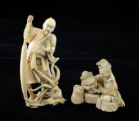Two Japanese ivory okimono, early 20th century, the first carved as a fisherman battling with an
