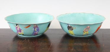 A pair of Chinese famille rose bowls, Jiaqing mark, 20th century, each painted with figures on a