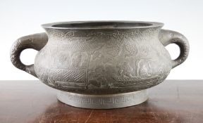 A large Chinese bronze censer, Gui, 19th century, cast and chased with battle scenes to one side and