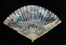 A late 18th century French carved and pierced ivory fan, the leaves printed with a classical scene