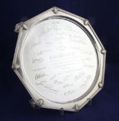 A George V silver salver with inscription relating to the Prince of Wales`s Volunteers, of octagonal
