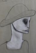 Patricia Douthwaite (1939-2004)charcoal and white chalk,Woman wearing a hat,24.5 x 17.75in.