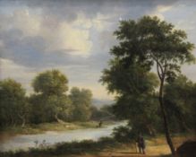 James Arthur O`Connor (1792-1841)oil on millboard,Angler in a river landscape,10 x 12in.