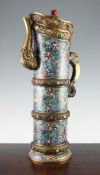 A large Chinese cloisonne enamel Tibetan-style ewer, Duomuhu, Qing dynasty, the tall cylindrical