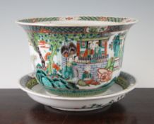 A Chinese famille verte flower pot, late 19th / early 20th century, painted with a procession of