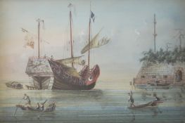 Four 19th century Chinese School paintings of boats, gouache on paper, depicting rivercraft scene in