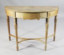 A 20th century bleached walnut demi-lune console table, with single frieze drawer, on tapering