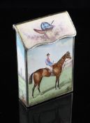 An early 20th century French silver and enamel horse racing vesta case, of rectangular form, with