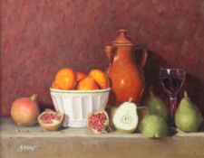 Robert McKellar (b.1945)oil on board,Still life of fruit and vessels on a ledge,signed,15 x 19.5in.